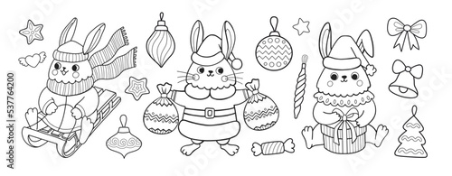 Christmas rabbit outline cartoon character set. Bunny on sled, in santa claus costume with gifts, christmas toy and decoration. Coloring book elements. Vector doodle illustration.