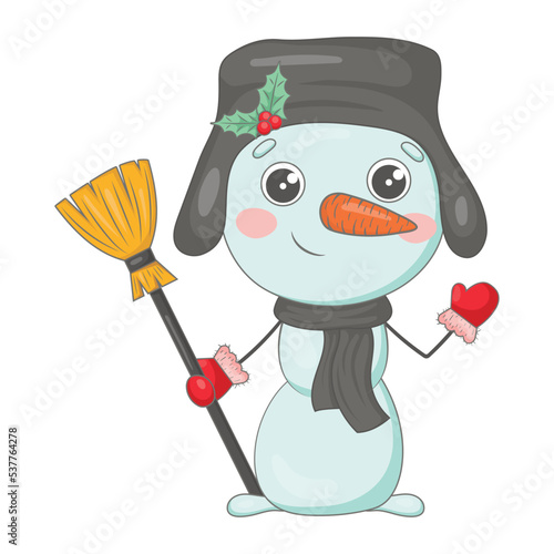 Cute cartoon snowman in a hat with earflaps with a holly, a broom in his hands, mahapt with a mitten hello