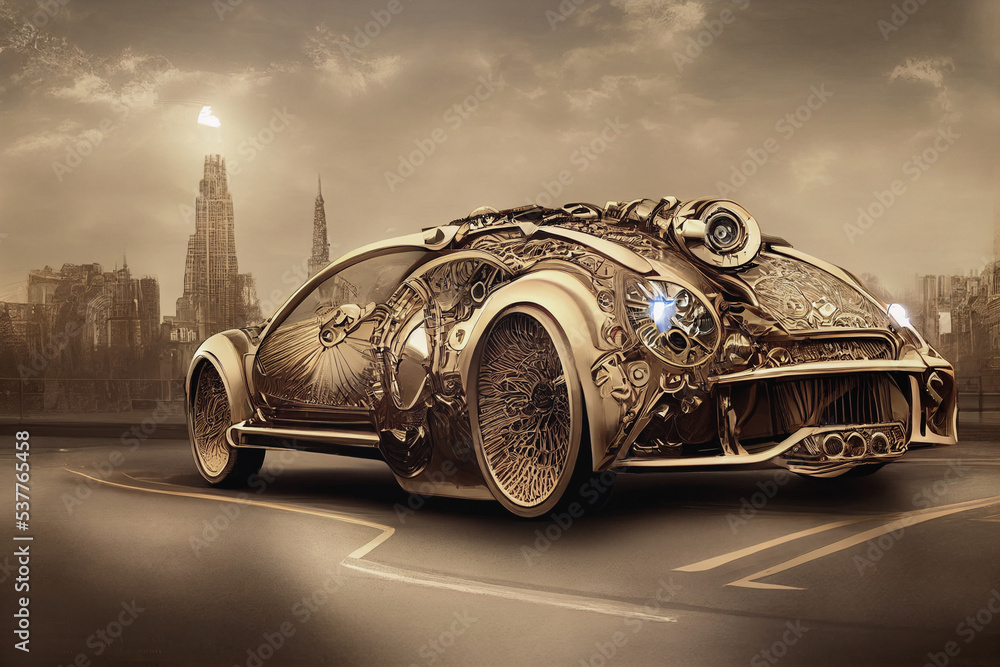 Science-fiction fantasy: golden retro-futuristic  luxury car made with generative AI