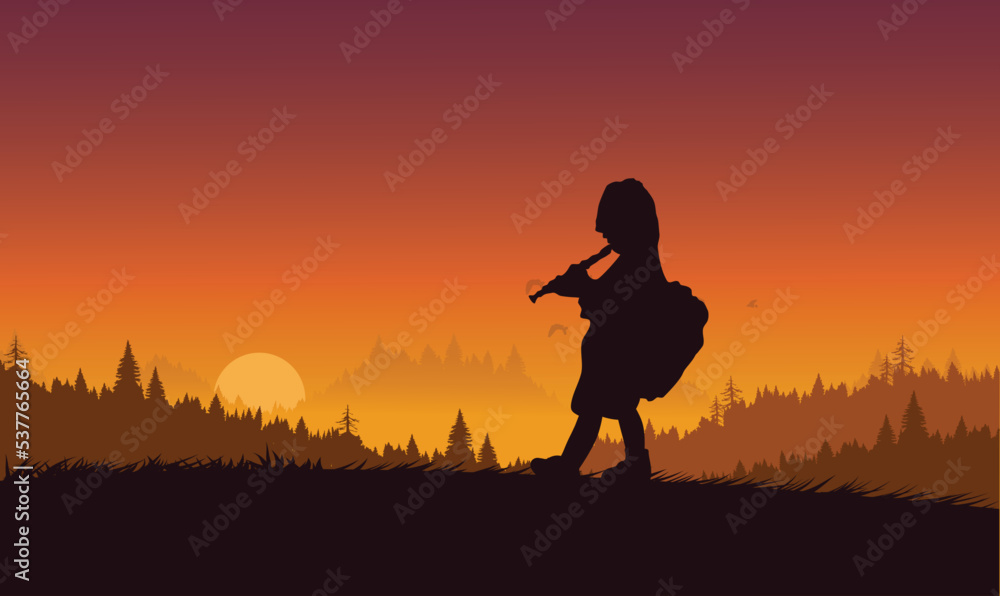 A boy blowing a flute and walking on the foothills.Illustration vector.