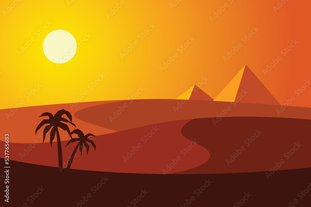 Sunset in the desert with pyramids camel and palm trees.Sunset in the desert with pyramids camel and palm trees.