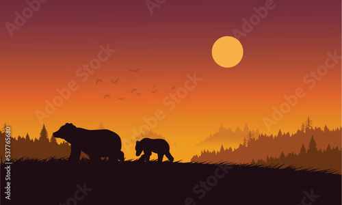 Landscape with mountains  forest and silhouettes of trees and wild bears.
