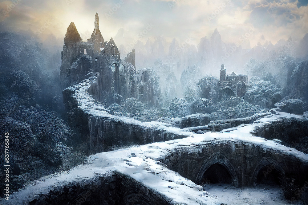 Spectacular majestic elven ruins on edge, Freeze Winter , Cover with snow. Fairytale story Art Background Landscape.