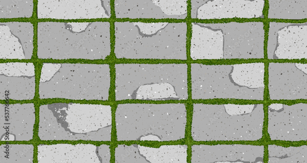 Seamless texture of old pavement with moss and concrete cracked old bricks. Vector pathway pattern top view. Outdoor slab sidewalk. Cobblestone footpath or patio. Concrete block floor Seamless texture of old pavement with moss and concrete cracked old bricks. Vector pathway pattern top view. Outdoor slab sidewalk. Cobblestone footpath or patio. Concrete block floor