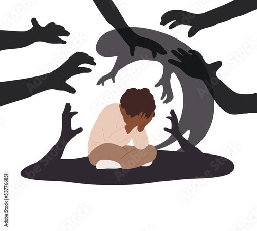 Sad Child, boy crying, panic attack, PTSD, phobias, fears, phobias, bullying, depression. Psychological problems. Mental health collection. Flat vector illustration