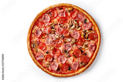 Juicy pizza with mozzarella and pelati sauce topped with sausages, mushrooms, onions isolated on white photo