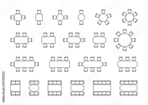 Set of plan for arranging seats couch and tables in interior, layout graphic outline elements. Chairs and tables signs in scheme architectural plan. Office and home furniture, top view. Vector line