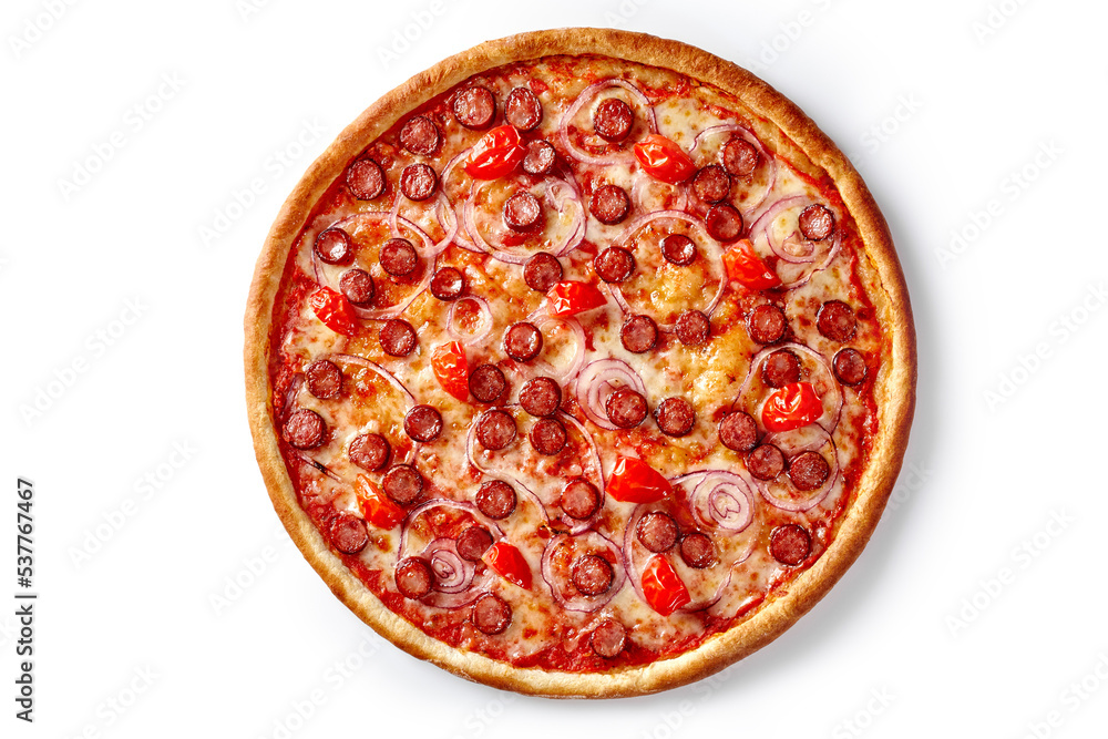 Pizza with mozzarella, hunting sausage, tomatoes and purple onion isolated on white background Pizza with mozzarella, hunting sausage, tomatoes and purple onion isolated on white background