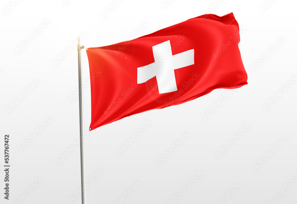 Switzerland flag waving on white background, close up, isolated. 3D render illustration.