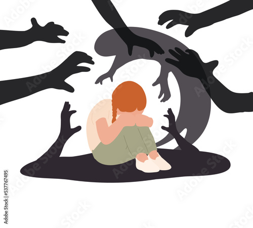 Sad Child, girl crying, panic attack, PTSD, phobias, fears, phobias, bullying, depression. Psychological problems. Mental health collection. Flat vector illustration