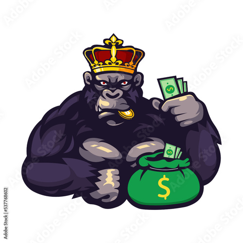 King Gorilla holding money mascot logo design illustration vector with transparent background