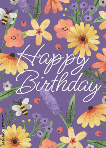 Hand drawn colorful watercolor floral happy birthday card template