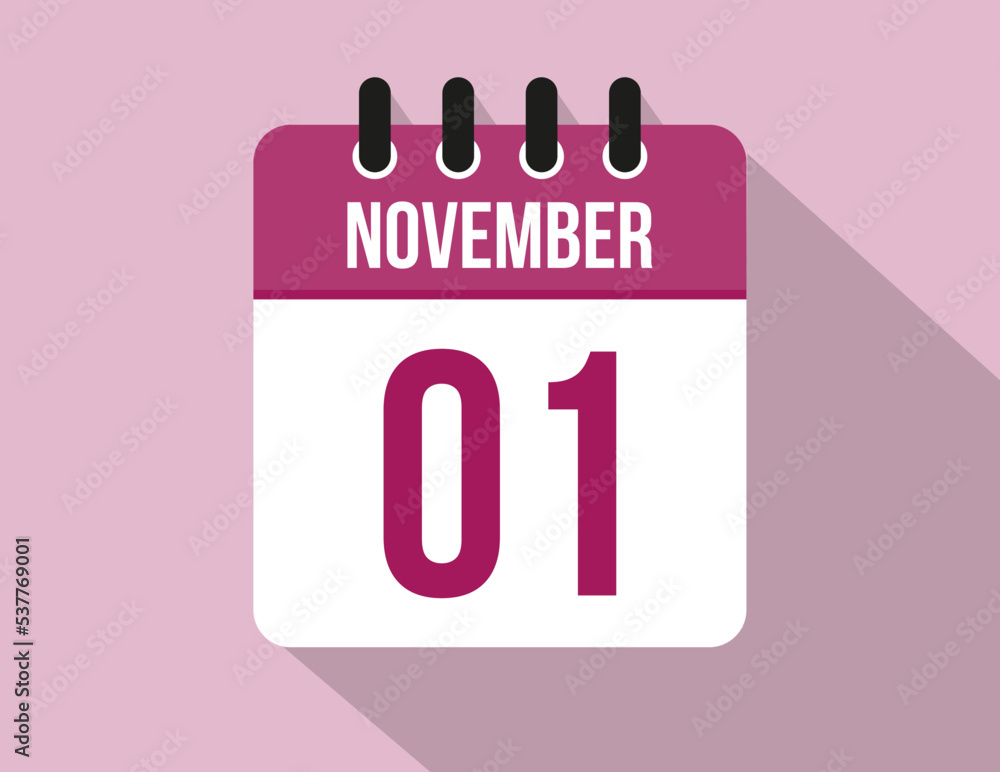 1 day November calendar. Calendar vector for November in pink color on light background 1 day November calendar. Calendar vector for November in pink color on light background