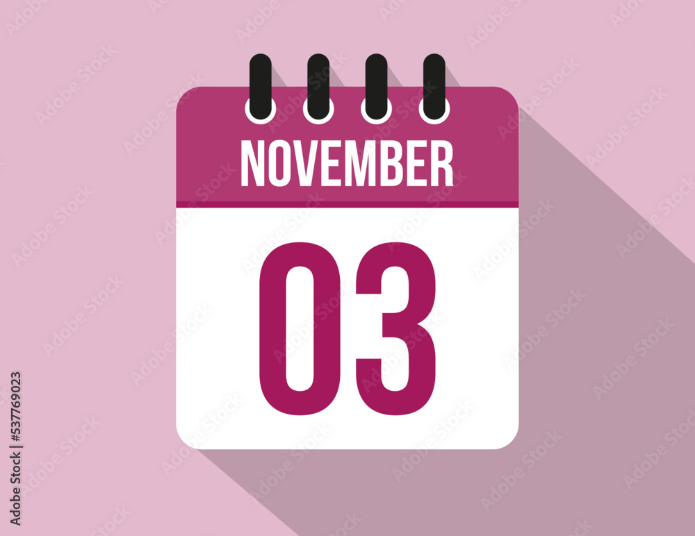 3 day November calendar. Calendar vector for November in pink color on light background 3 day November calendar. Calendar vector for November in pink color on light background