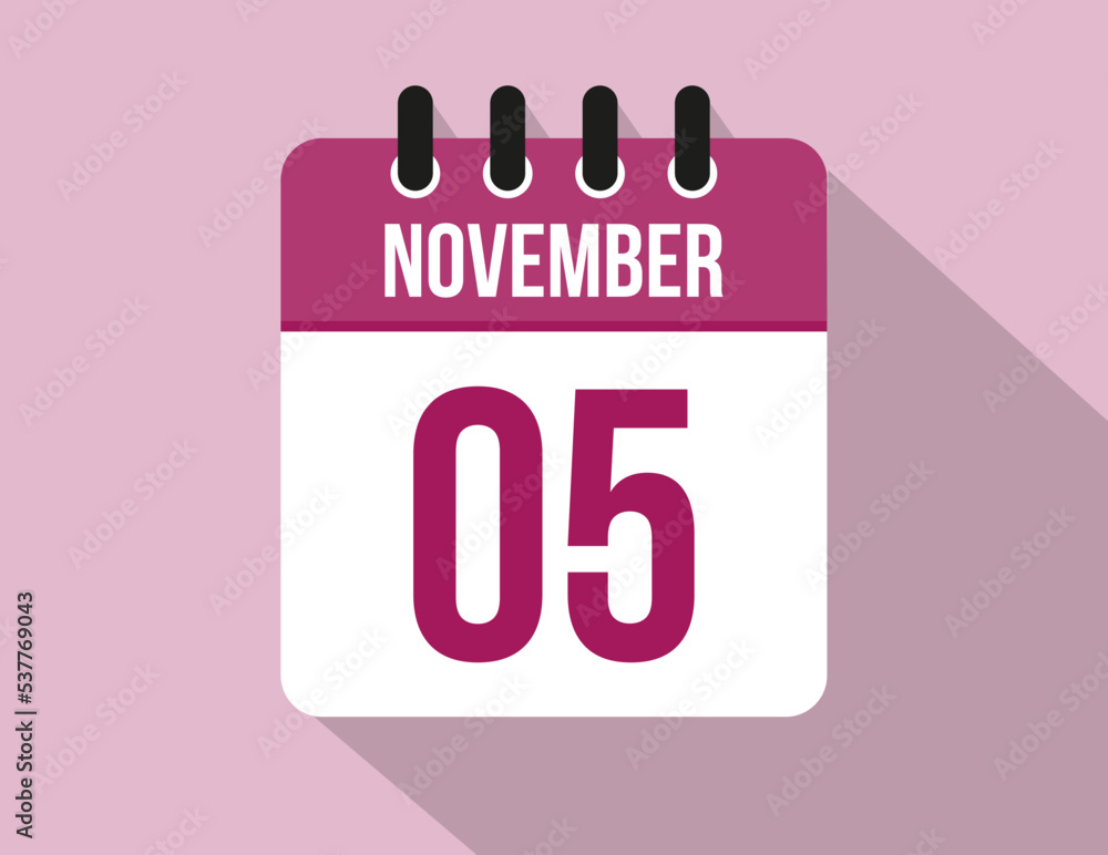 5 day November calendar. Calendar vector for November in pink color on light background 5 day November calendar. Calendar vector for November in pink color on light background