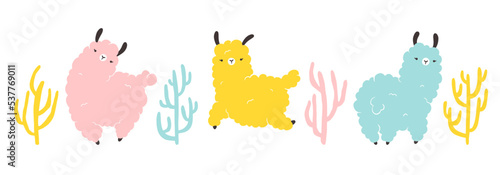 Llama set with cacti. Cartoon colorful character in scandinavian style simple hand drawn style. Isolated vector on white background. Ideal for nursery, postcard, poster.