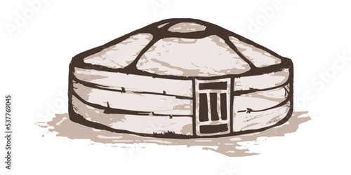 Yurt - nomad's dwelling, life in Central Asia, sketch on a white background