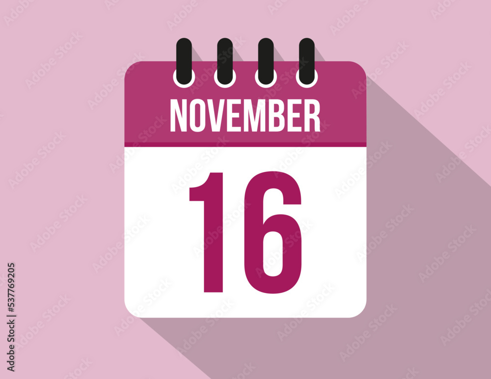 16 day November calendar. Calendar vector for November in pink color on light background 16 day November calendar. Calendar vector for November in pink color on light background