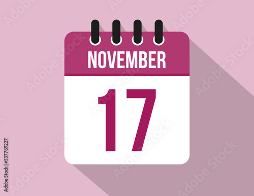 17 day November calendar. Calendar vector for November in pink color on light background
