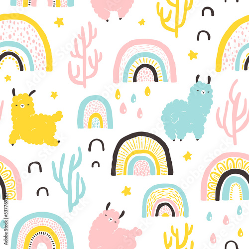 Llamas with rainbows, cacti seamless pattern. Cartoon colorful character in scandinavian style simple hand drawn childish style isolated on white background. Ideal for nursery, baby clothes, textiles.