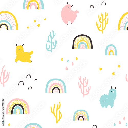 Llamas with rainbows, cacti seamless pattern. Cartoon colorful character in scandinavian style simple hand drawn childish style isolated on white background. Ideal for nursery, baby clothes, textiles.