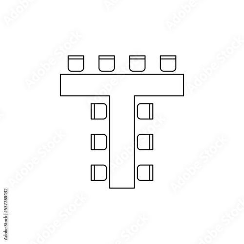Plan shape T for arranging seats and tables in interior, layout graphic outline elements. Chairs and tables icons in scheme architectural plan. Office and home furniture, top view. Vector line