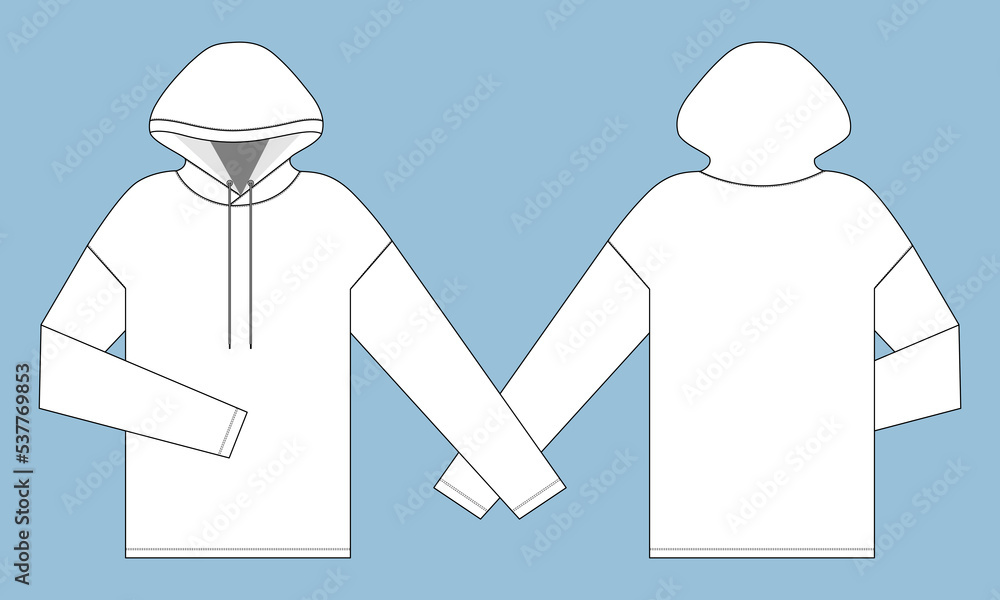 Long sleeve hoodie technical fashion flat sketch Drawing template front