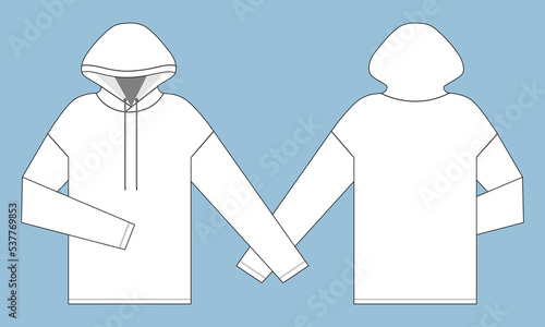 Long sleeve hoodie technical fashion flat sketch Drawing template front and back view. apparel dress design vector illustration mock up jacket CAD. Easy edit and customizable.