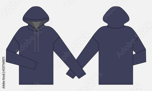 Long sleeve hoodie technical fashion flat sketch Drawing template front and back view. apparel dress design vector illustration black Color mock up jacket CAD. Easy edit and customizable.