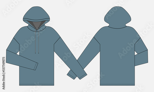 Long sleeve hoodie technical fashion flat sketch Drawing template front and back view. apparel dress design vector illustration  mock up jacket CAD. Easy edit and customizable.