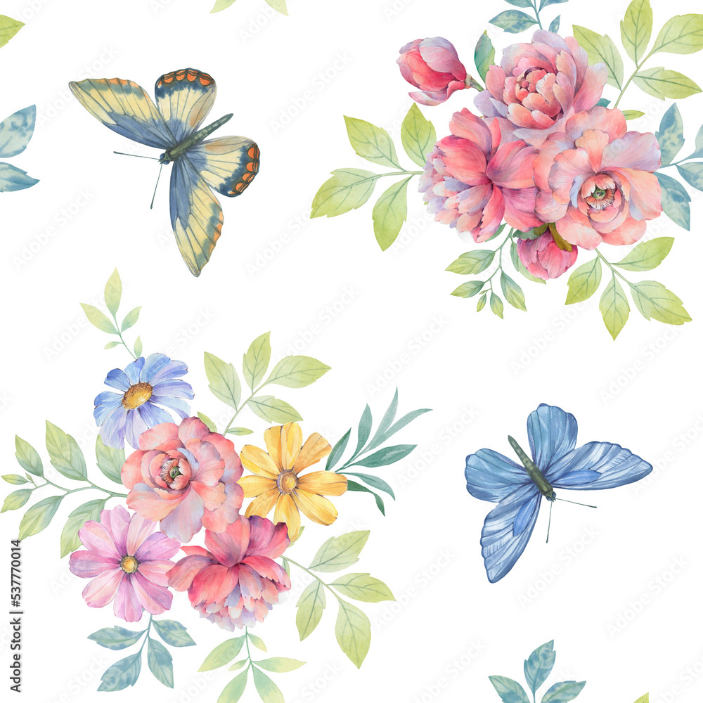Butterflies and flowers, seamless botanical pattern. Abstract background of flowers and butterflies for wallpaper, print, wrapping paper. Butterflies and flowers, seamless botanical pattern. Abstract background of flowers and butterflies for wallpaper, print, wrapping paper.