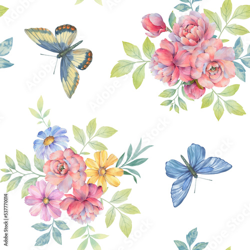 Butterflies and flowers  seamless botanical pattern. Abstract background of flowers and butterflies for wallpaper  print  wrapping paper.