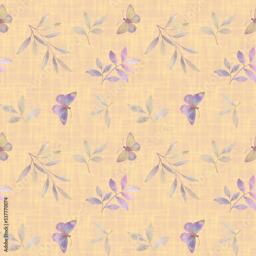 Butterflies and leaves painted in watercolor in a seamless pattern. Abstract botanical ornament for design and wallpaper.
