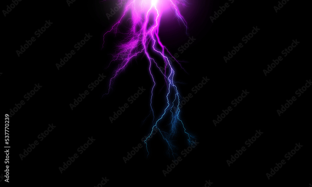 lightning effect on black background. Thunderbolt with rays of light. Thunderstorm natural phenomenon.	