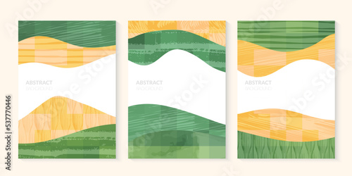 Abstract farm agriculture template. Green field pattern, eco background, nature landscape vector illustration with texture. Farmland collage for leaflet, identity, booklet. Ecology backdrop, card