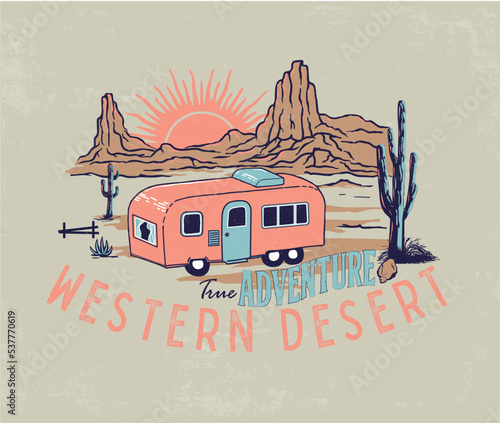western desert camping adventure with vintage typography