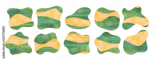 Abstract green eco farm field blob pattern background. Organic asymmetric amoeba form. Agriculture landscape with texture. Nature collage, countryside vector illustration. Isolated irregular figure