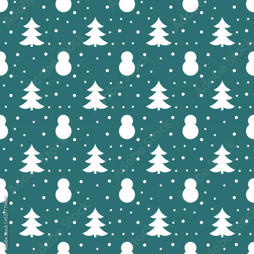 Christmas trees and snowman seamless white pattern.