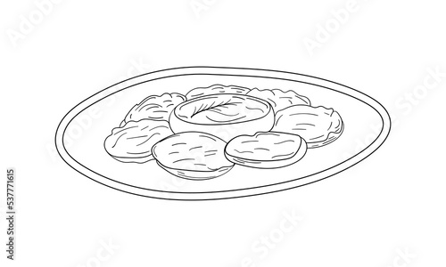 Hand drawn plate with potato pancakes, vegetable pancakes, Hanukkah latkes with sauce, sour cream and herbs. Isolated on white background