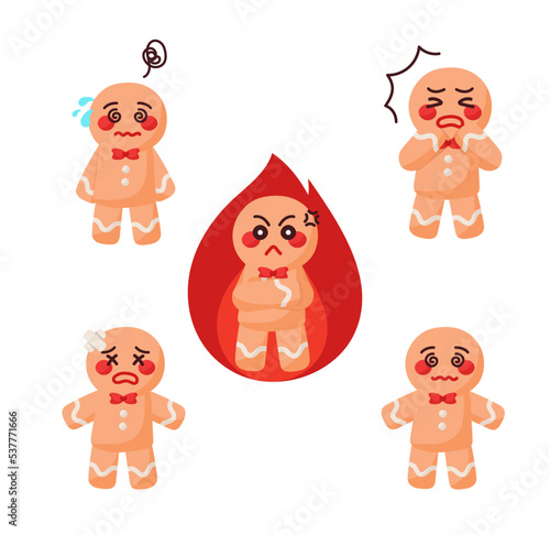 Gingerbread man cookies with different emotion collection set. Merry Christmas Happy holiday Modern sweet candy decoration vector illustration. Confuse, angry, shock, omg, pain, chaos.