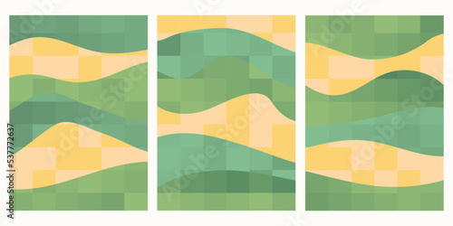 Abstract green mosaic field background. Square polygon or pixel block eco vector illustration. Farmland aerial view, spring countryside landscape. Geometric ornament backdrop, ecology simple poster