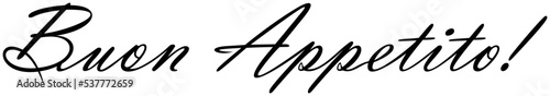 Buon Appetito Vektor Schriftzug. Italienischer Wunsch für ein gutes Essen. Weißer isolierter Hintergrund.
Übersetzung: Buon Appetito ist Enjoy your meal.