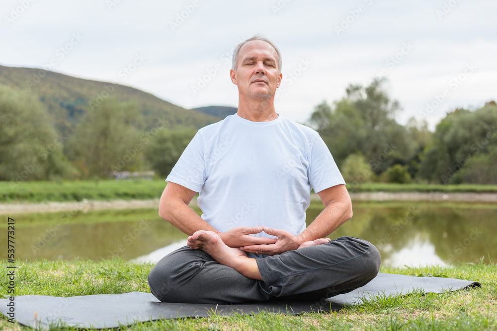 Obraz premium An elderly fit man is sitting in meditation in the lotus position on a yoga mat in a forest clearing in the open air