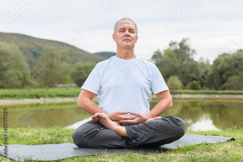 An elderly fit man is sitting in meditation in the lotus position on a yoga mat in a forest clearing in the open air