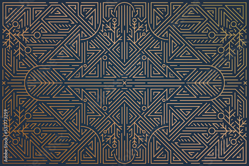 Vector Merry Christmas and Happy New Year golden art deco background, card, banner. Line geometric style on navy blue background
