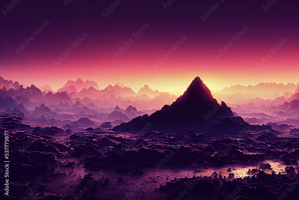 Fantasy mountain landscape with sunset. Foggy sunset, mountains, river, gorge. Abstract fantastic futuristic landscape. 3D illustration.