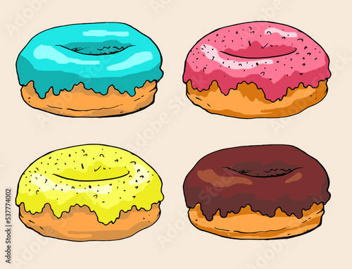a set of donuts with pink and yellow glaze, chocolate and blue colors, a bright collection, brown side view painted by hand