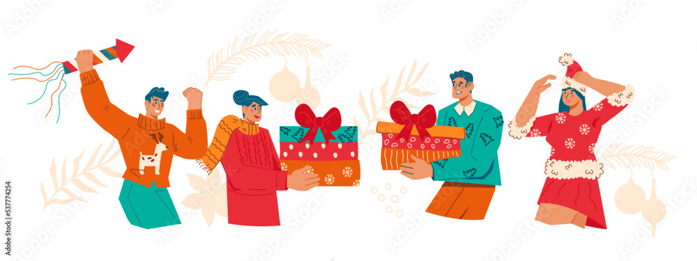 Fototapeta premium Banner background with people celebrating Christmas and New Year, flat cartoon vector illustration isolated on white background. People exchange gifts and Christmas greetings.
