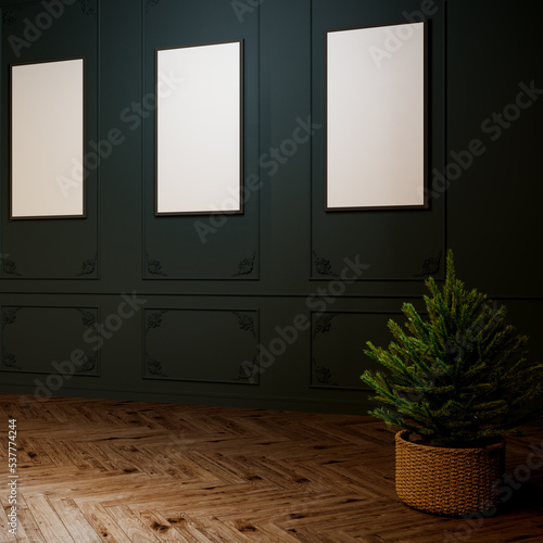 Fototapeta Naklejka Na Ścianę i Meble -  Christmastime living room interior. Black wooden wallpaper in the interior. Christmas background. Mock ups of the pictures. 3d rendering.