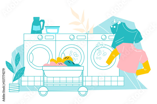 Self-service laundromat room banner or signboard design, flat cartoon vector illustration isolated on white background. Public commercial laundry. Self-service laundry banner mockup.